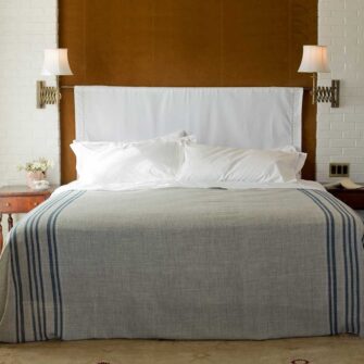 Swans Island Heritage Blanket - handwoven in Maine 100% wool. Shown here in Grey with Indigo stripes.