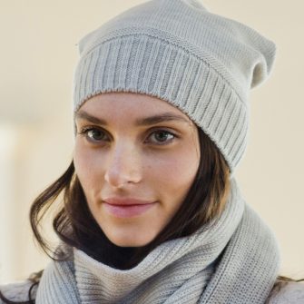 Swans Island Company's Bar Island Hat is knit with soft silk and merino wool. Shown in fog. 100% made in USA with hand-dyed yarns.