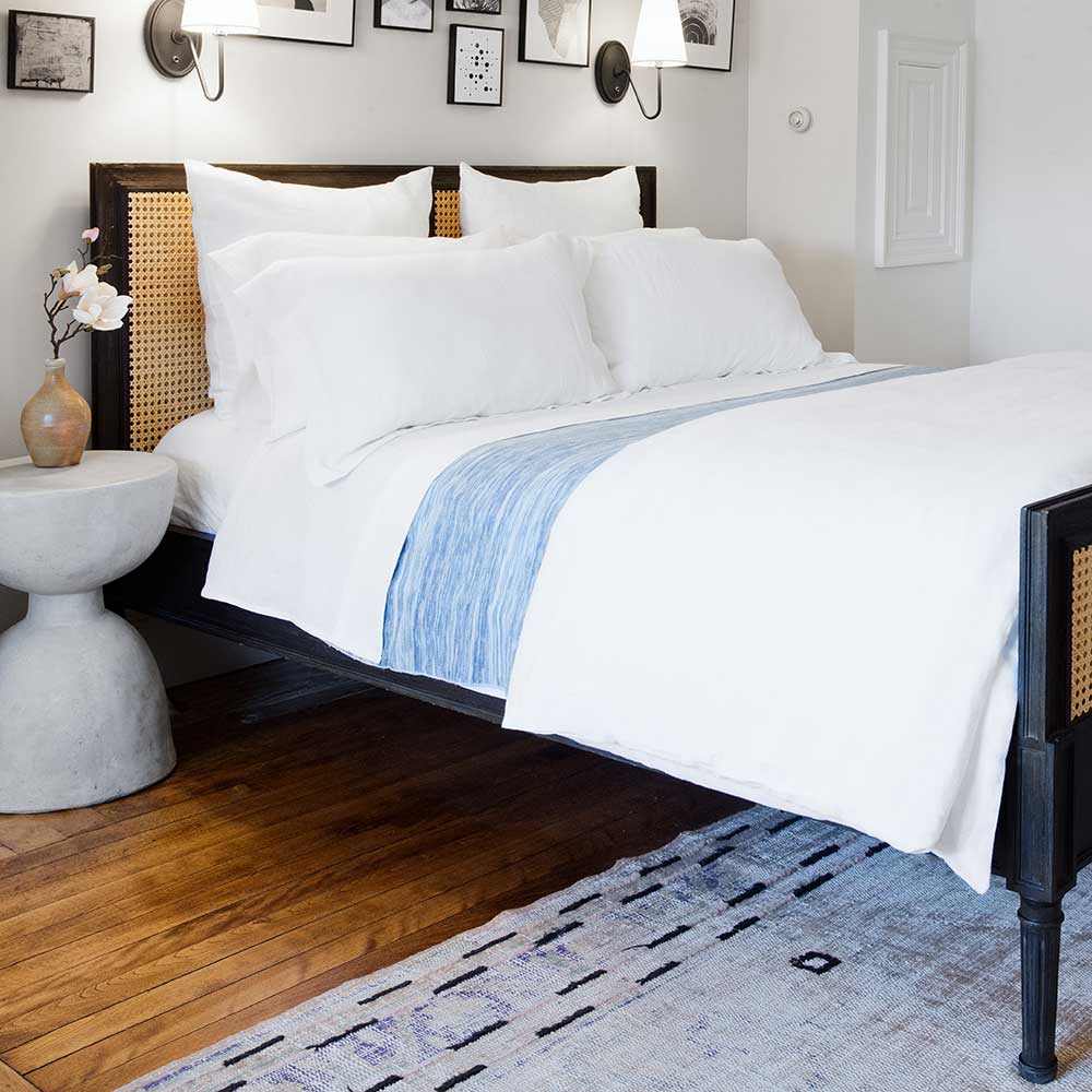 Swans Island Classic Linen Bedding Bundle. 100% French Linen, soft and substantial. Made in USA. Bedding Bundle includes one sheet set and one duvet set, shown in White.