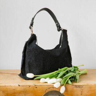 Swans Island Company's Hana Hobo Bag by Graf Lantz. Cotton Canvas with leather strap. Shown here in Black