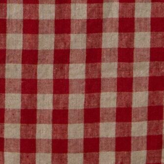 Swans Island Company's linen table runner by Linen Tales, made with 100% European Linen Oeko-Tex® and EUROPEN FLAX® certified. Made with stonewashed soft linen with mitered corners for a crisp edge. Shown here in Flax and Red Gingham Check swatch.