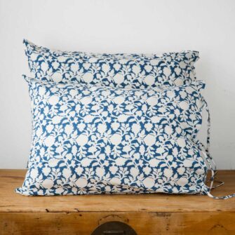Swans Island Company's Amna Shams by Soil to Studio. Block printed by hand in India with bright playful patterns. Shown here in blue/natural.