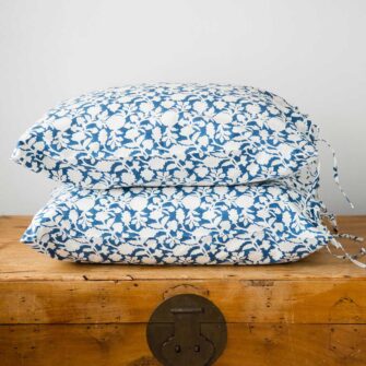 Swans Island Company's Amna Shams by Soil to Studio. Block printed by hand in India with bright playful patterns. Shown here in blue/natural.