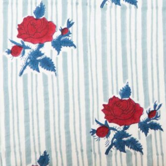 Swans Island Company's Supriya pattern by Soil to Studio. Block printed by hand in India with bright playful patterns. Shown here in Aqua with red roses. Swatch