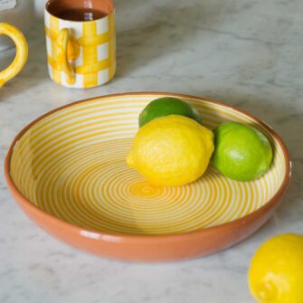 Large Terracotta Bowl - Handmade in Portugal. Shown here in Tangerine Yellow stripe..