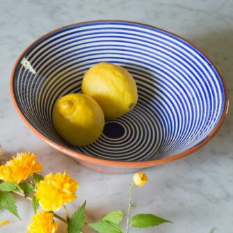 Large Terracotta Salad Bowl - Handmade in Portugal. Shown here in Blue stripe..